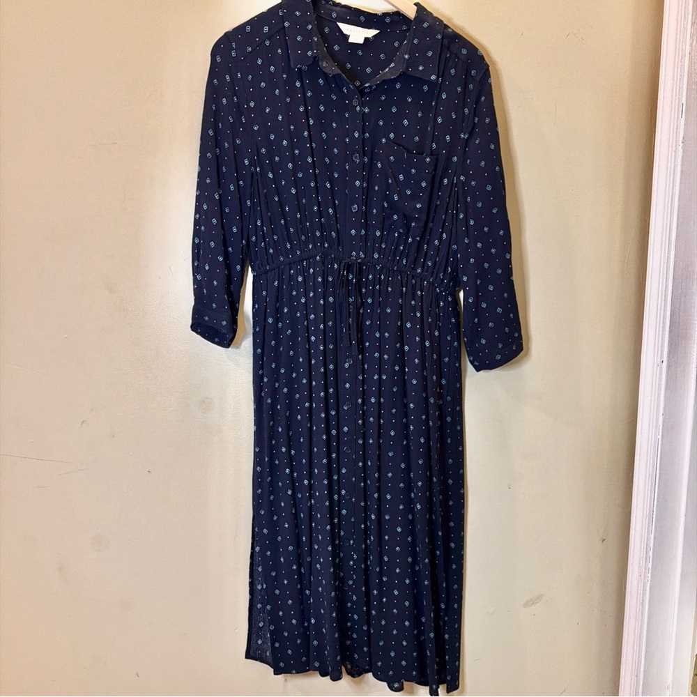Mauvette Shirt Dress Women Large Navy Blue Long Sleeve Button Front